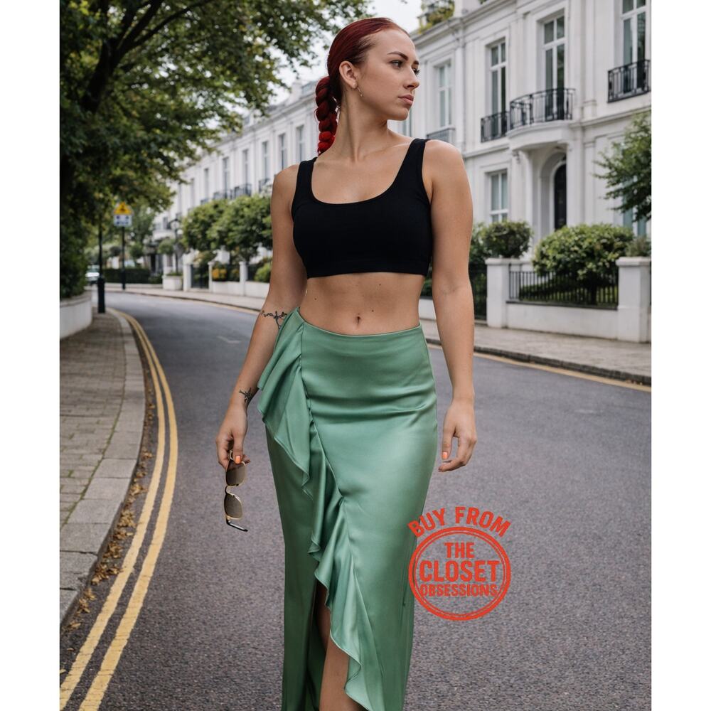 Zara NWT Mint Green Satin Ruffle Front Slit High Waist Midi Skirt M - Picture 10 of 16
